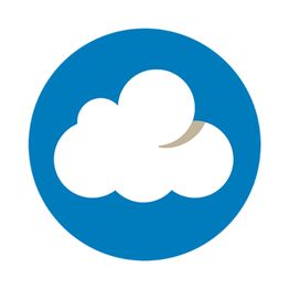 Witte wolk met maan op een blauwe cirkelachtergrond.