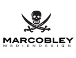 Logo mit Totenkopf und Schwertern, darunter steht "MARCOBLEY MEDIENDESIGN".