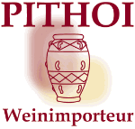 Logo mit antikem Krug, Text: "PITHOI Weinimporteur".