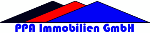 Logo der PPA Immobilien GmbH mit drei stilisierten Dächern in Schwarz, Rot und Blau.