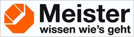 Logo mit orangenem Symbol, Text: "Meister wissen wie's geht".