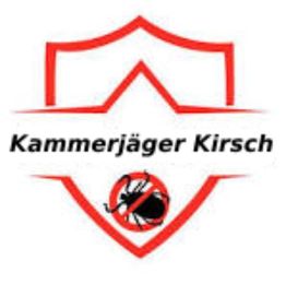 Rotes Schild mit schwarzem Käfer; Text: "Kammerjäger Kirsch".