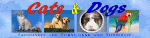 Banner mit Katzen, Hunden und Papagei. Text: Cats & Dogs, "Finden Sie die Tiermarke von Ihrem!"