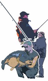 Silhouettes de personnes pêchant, une tenant un grand poisson.