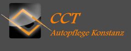 Logo von CCT Autopflege Konstanz: Orange Schrift auf grauem Hintergrund mit grafischem Element.