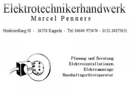 Visitenkarte: Elektrotechnikerhandwerk in Kappeln, mit Kontaktinfos und Dienstleistungsangeboten.