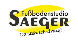 Logo: "Fußbodenstudio Saeger" mit Slogan "Da steh ich drauf..." auf gelbem Hintergrund.