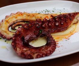 Tapa de pulpo a la plancha servido con aceite y pimentón sobre un plato blanco.
