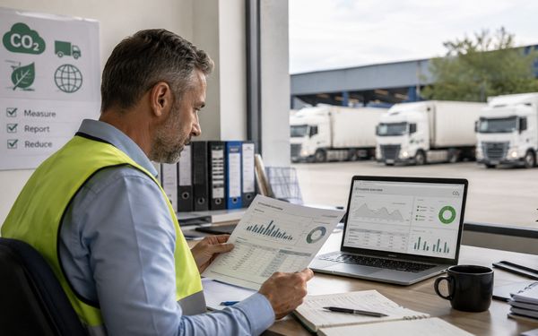 Logistikleiter prüft CO₂-Emissionsberichte am Laptop, während im Hintergrund mehrere Lkw auf dem Betriebshof stehen.