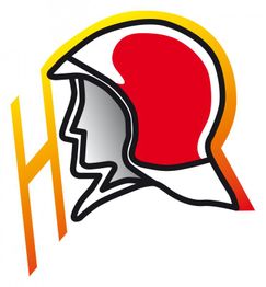 Gezeichneter Helm mit roter Kappe und schwarzer Linie. Gelb-Oranges "H" im Hintergrund.