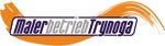 Logo des Malerbetriebs Trynoga mit orangener Welle im Hintergrund.