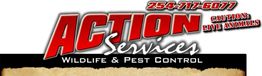 "Action Services logo for wildlife and pest control with phone number and caution warning."