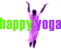 Silhouette einer Person in Rosa mit grün-lila Schrift: "happy yoga", Arme freudig in die Luft.