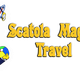 Valigia con volto sorridente e oggetti da viaggio, testo: "Scatola Magica Travel".