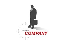 Schattenfigur mit Koffer und Ziellinie, Text: "Detektei Company".