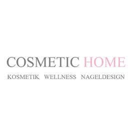 Text: "Cosmetic Home: Kosmetik, Wellness, Nageldesign" in Grau und Rosa auf weißem Hintergrund.