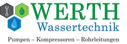 Logo von "WERTH Wassertechnik" mit Symbolen für Wasser, Blatt und Werkzeug, Text: Pumpen, Kompressoren, Rohrleitungen.