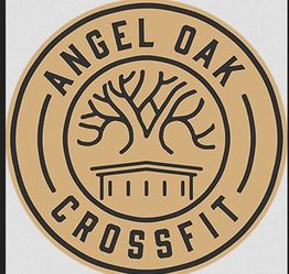 Logo of Angel Oak CrossFit with a stylized tree and building in tan and black.