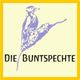 Ein stilisierter Specht auf einem Ast mit dem Text "Die Buntspechte".