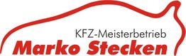 Logo mit rotem Auto, Text: "KFZ-Meisterbetrieb Marko Stecken".