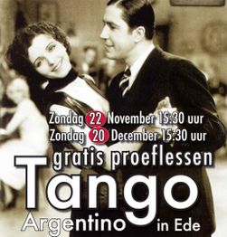 Zwart-witfoto van dansend paar met tekst: Gratis proeflessen Tango Argentino in Ede.
