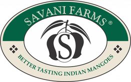 Logo of Savani Farms: Oval design with a mango and "Better Tasting Indian Mangoes" text.