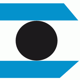 Ein schwarzer Kreis zwischen zwei blauen, rechteckigen Formen in einem weißen Hintergrund.