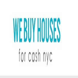 Text: "WE BUY HOUSES for cash nyc" in blue and black letters on a white background.