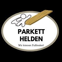 Parkett Helden-Logo mit stilisiertem Helden und Holzbrett. Text: "Wir können Fußboden!".