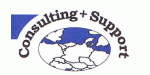 Logo mit Text "Consulting + Support" und einer Karte Europas in Blau und Weiß.