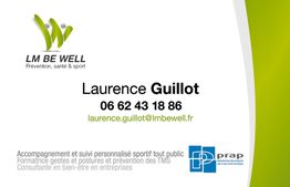 Carte de visite LM BE WELL avec contact de Laurence Guillot, formatrice en santé et sport.