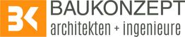 Logo mit Text "BAUKONZEPT architekten + ingenieure" in Grau neben orangem "BK"-Symbol.