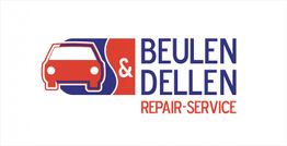 Logo eines Autoreparaturservices mit rotem Auto, Text: "Beulen & Dellen Repair-Service".
