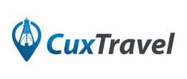 Logo von CuxTravel mit blauem Marker und Turmsymbol links, Text in Blau und Schwarz.