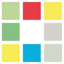 Neun bunte Quadrate, grün, rot, gelb, blau und grau, um ein weißes Quadrat angeordnet.