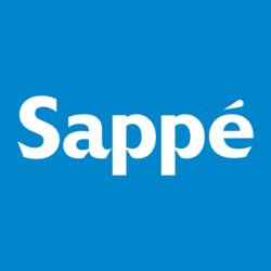 Logo met witte tekst "Sappé" op een blauwe achtergrond.