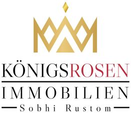 Logo mit goldener Krone und Text: "Königsrosen Immobilien Sobhi Rustom".