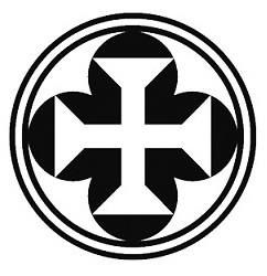 Logotipo em preto e branco com uma cruz central e formas geométricas arredondadas.