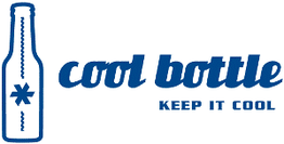 Umriss einer Flasche mit Stern, daneben Text "cool bottle, keep it cool" in Blau.
