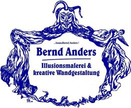 Blaue Zeichnung eines Harlekins mit Schriftzug: "Bernd Anders, Illusionsmalerei & kreative Wandgestaltung".