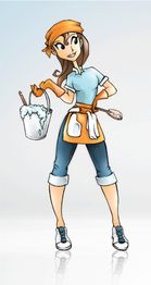 Eine lächelnde Cartoon-Figur mit Eimer, Lappen und Kopftuch, bereit zum Putzen.