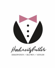 Logo: Schwarzer Smoking, rosa Fliege. Text: Hochzeitsbutler, Dekoration, Blumen, Verleih.