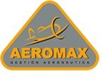 Logotipo triangular gris y amarillo con avión y texto "AEROMAX Gestión Aeronáutica".