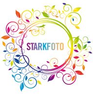 Buntes, florales Design mit dem Text "Starkfoto" in der Mitte eines Regenbogenkreises.