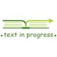Offenes Buch mit Pfeil und Text: "text in progress" in grüner Schrift.