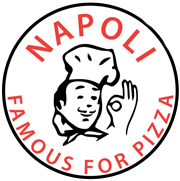 Napoli logo with a smiling chef and text "Famous For Pizza" in a circle.