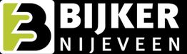Logo met witte tekst "Bijker Nijeveen" op zwarte achtergrond, groene en witte 'B' links.