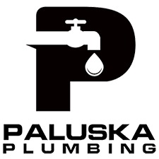 Logo of Paluska Plumbing with a large "P" and faucet dropping a water droplet.
