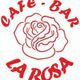 Logotipo con una rosa roja y el texto "Café-Bar La Rosa" en letras rojas alrededor.