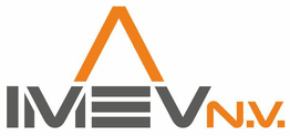 Logo van Imev N.V. met grijze en oranje letters, stijgend naar een punt.